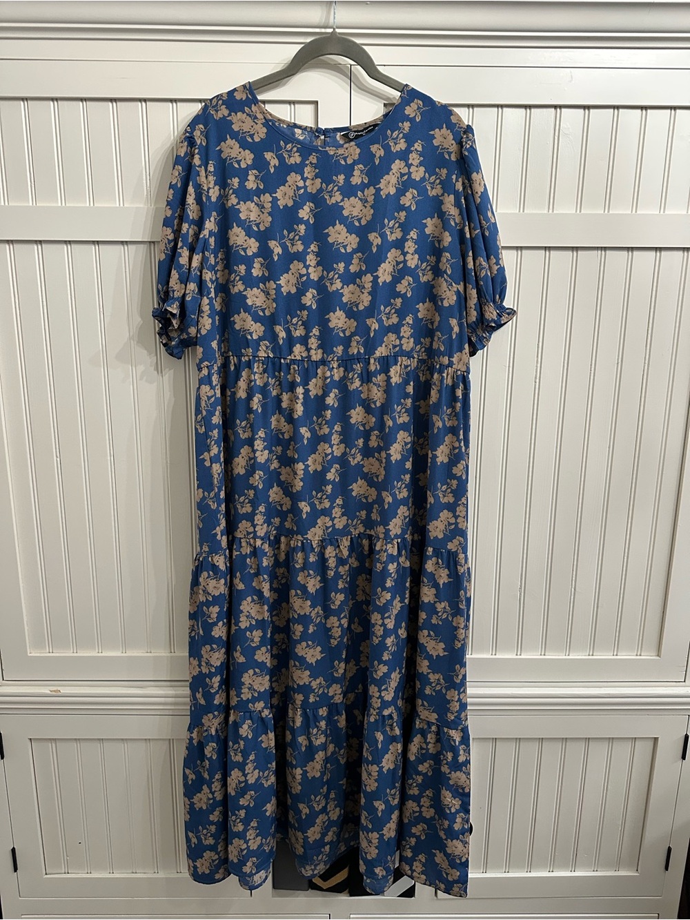 Blue Floral Tiered Maxi Dress with Neutral Blooms